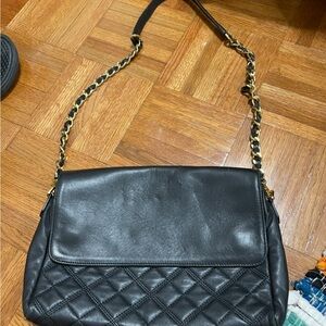 Black Quilted Leather Shoulder Bag with Chain Strap